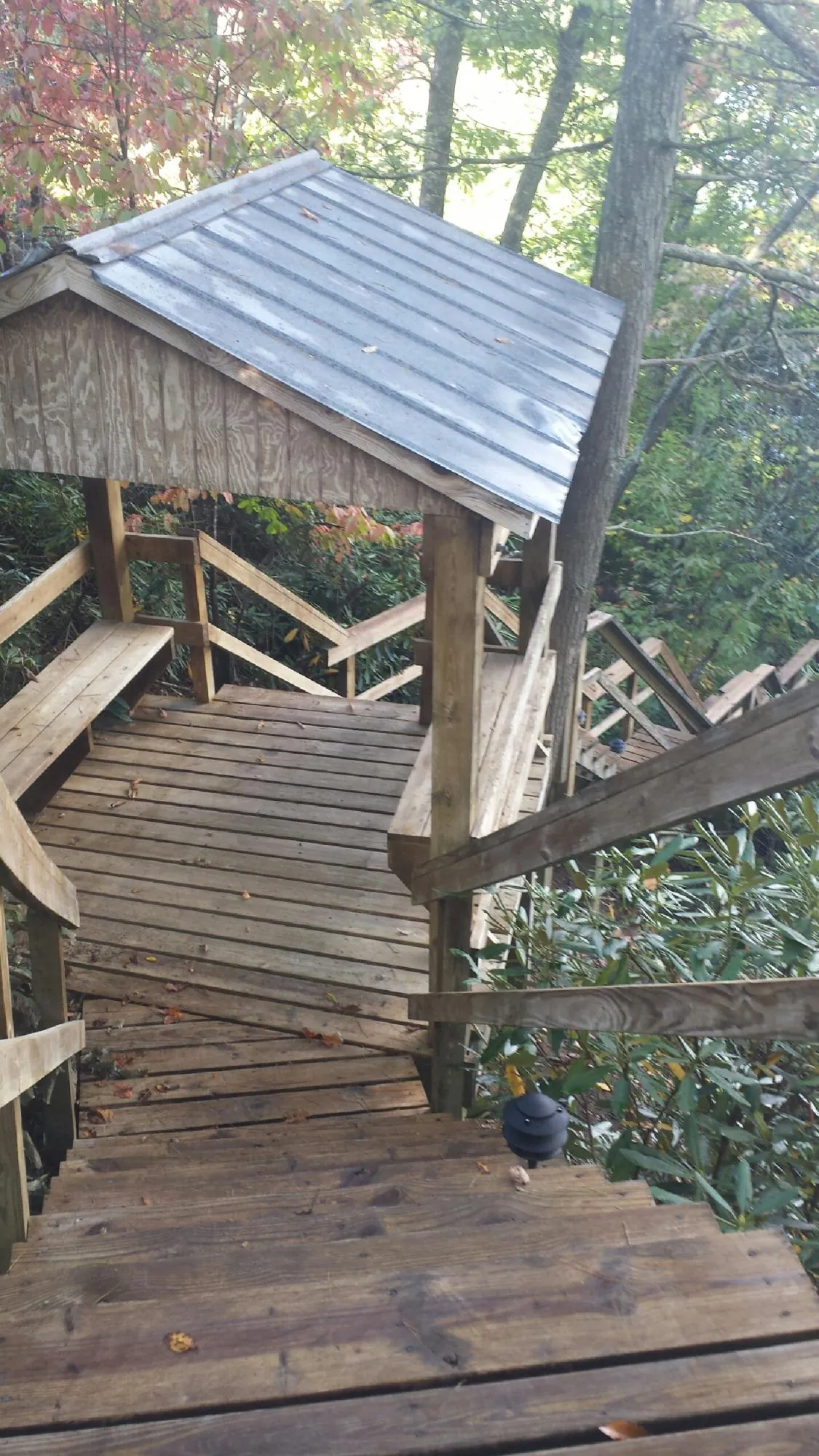 Metal roofed shelter over wooden steps on a wooded walkway — Skylight Repair & Installation work by our crew in Missoula